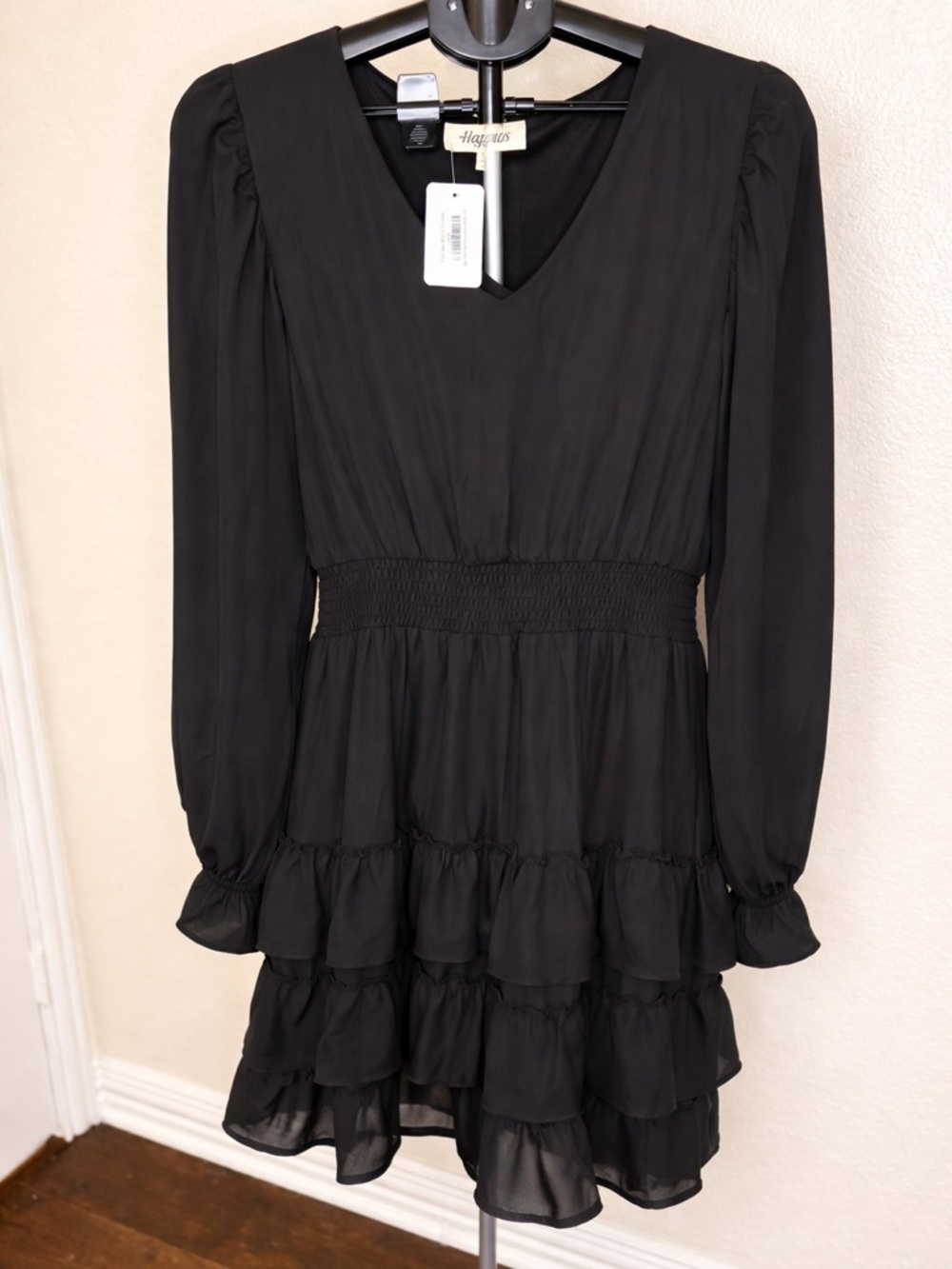 Black Ruffle Dress Smocked Waist Long Sleeve Flowy Mini Dress